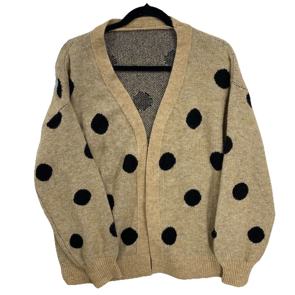 Moment Cardigan Sweater Womens L Tan Black Polka Dot Open Front Knit Relaxed